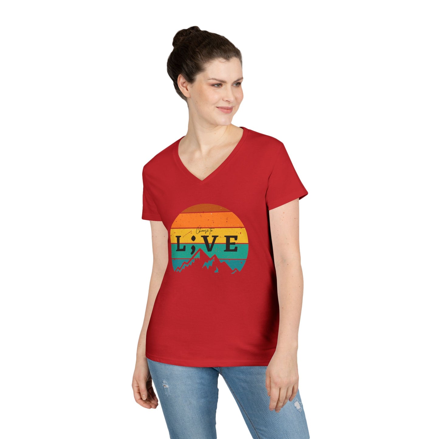Ladies V-Neck T-Shirt Mountain L;VE Suicide Prevention Tee Shirt