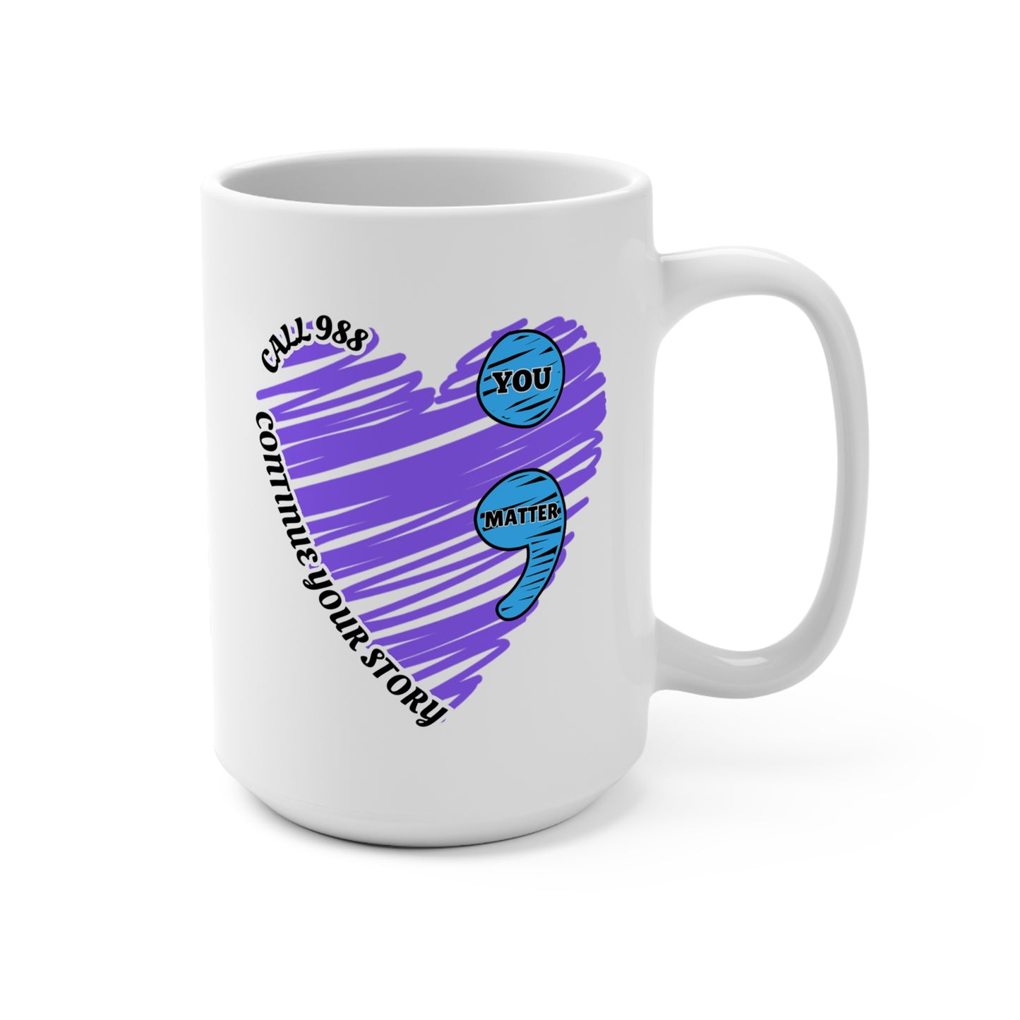 L;VE 15oz Ceramic Mug — Purple Heart Semicolon Mental Health Awareness