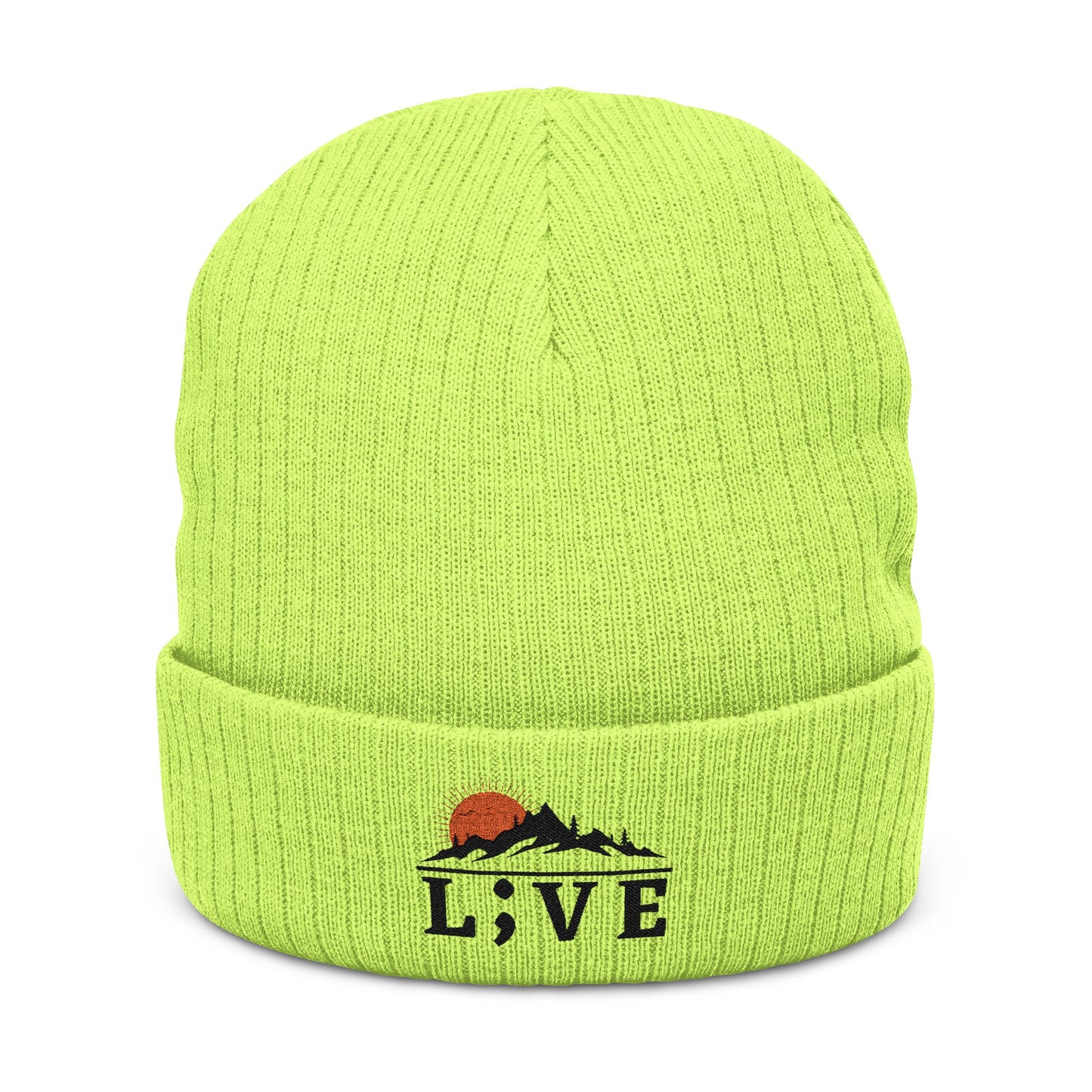 L;VE Branded Cozy Embroidered Knit Beanie with Mountain Sunset
