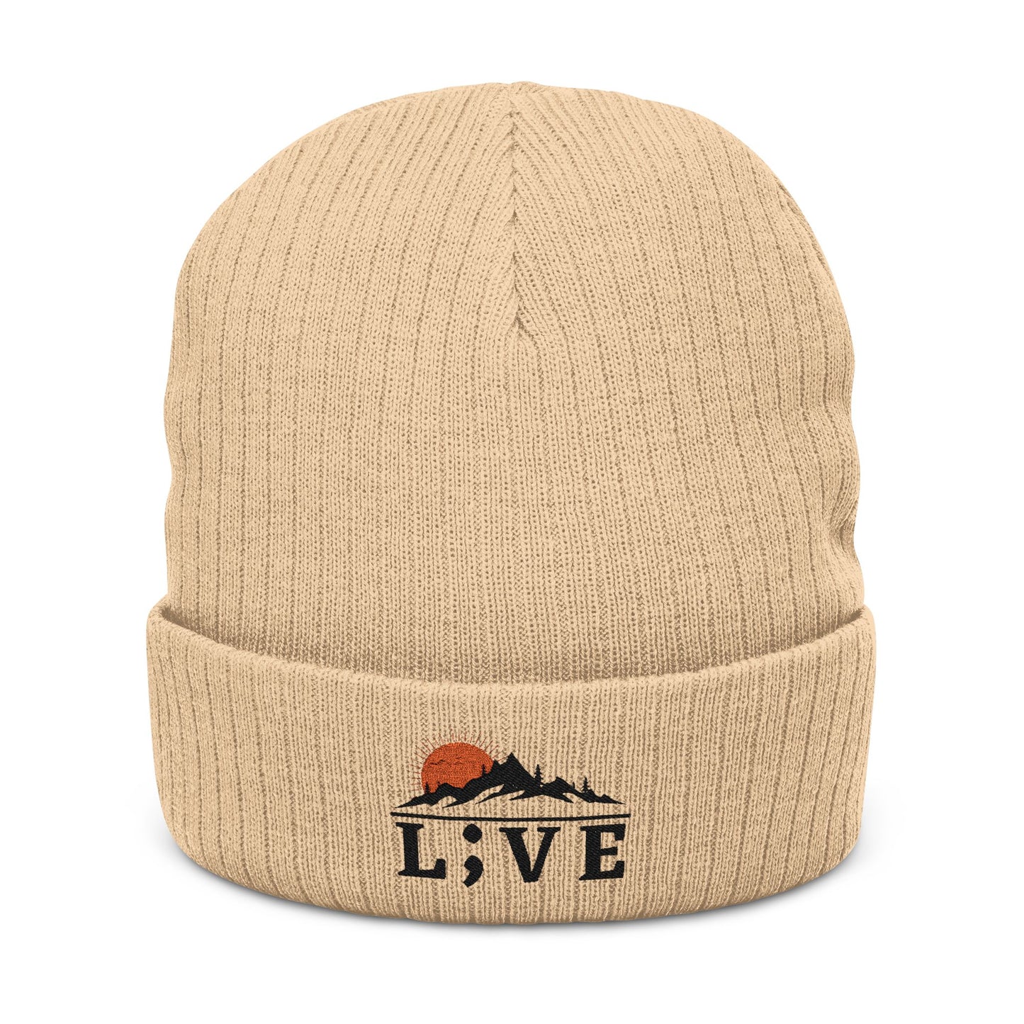 L;VE Branded Cozy Embroidered Knit Beanie with Mountain Sunset