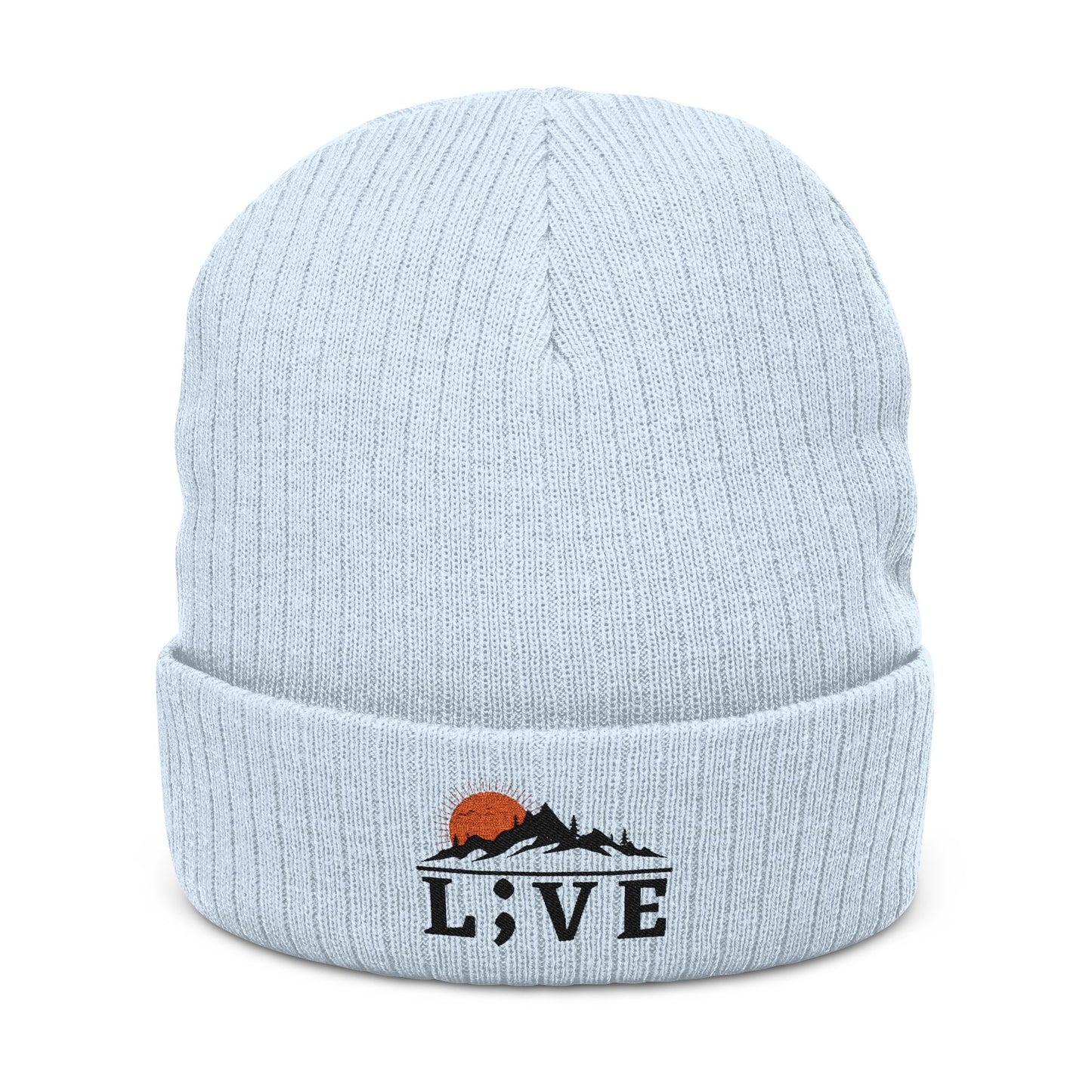 L;VE Branded Cozy Embroidered Knit Beanie with Mountain Sunset