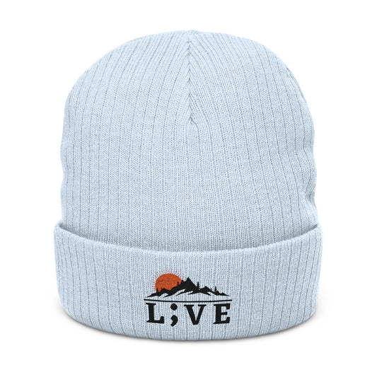 L;VE Branded Cozy Embroidered Knit Beanie with Mountain Sunset