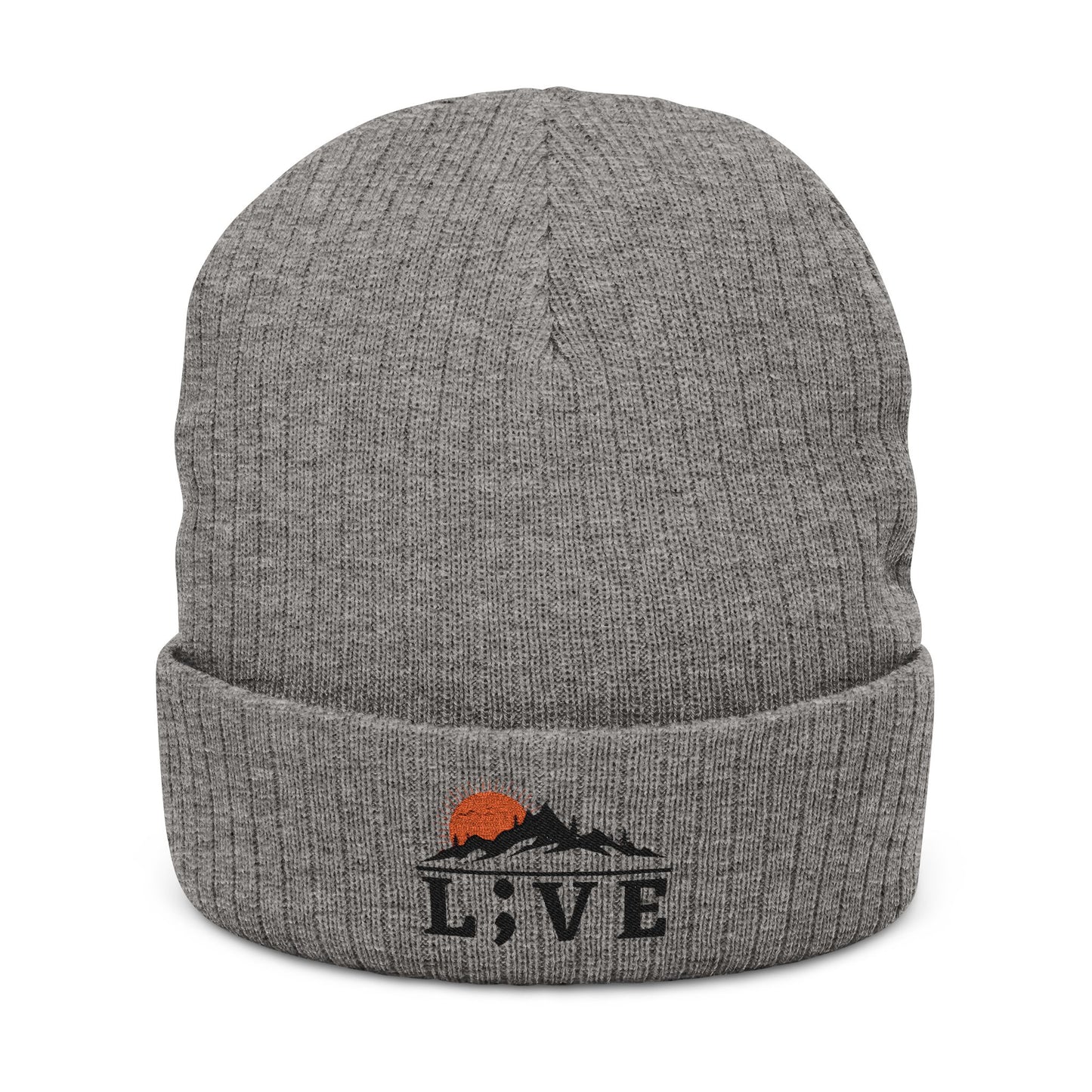 L;VE Branded Cozy Embroidered Knit Beanie with Mountain Sunset
