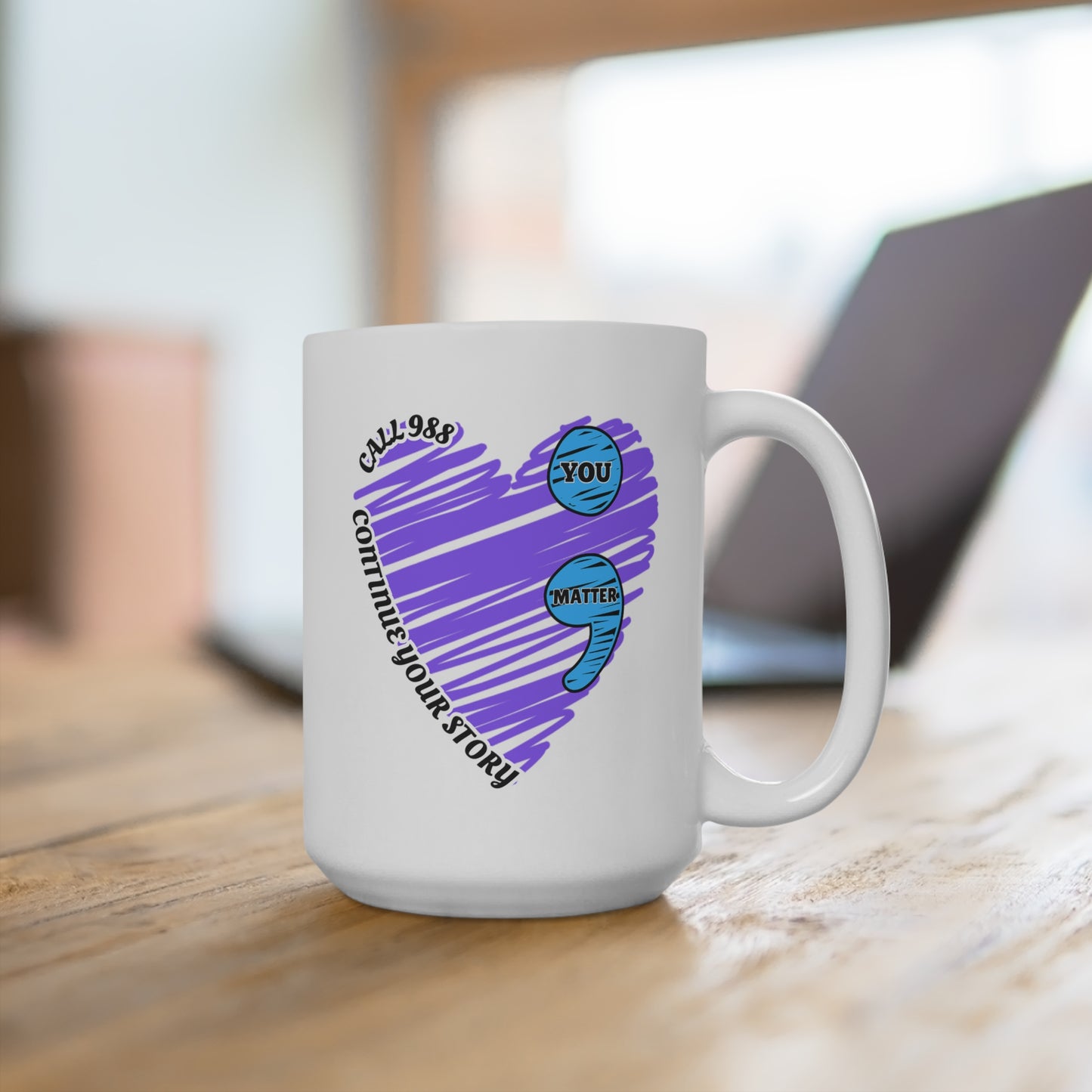 L;VE 15oz Ceramic Mug — Purple Heart Semicolon Mental Health Awareness